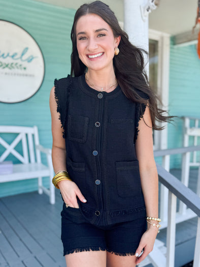 The Jayden Button Up Tweed Vest- Black