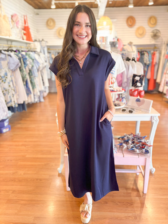 The Savannah Collar Midi Dress-Navy
