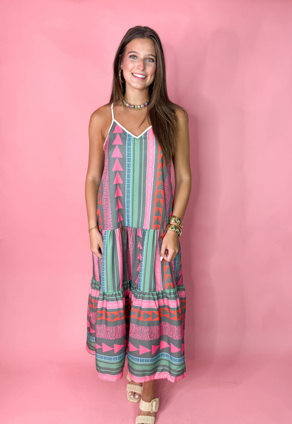 The Hailey Printed Midi Dress-Pink