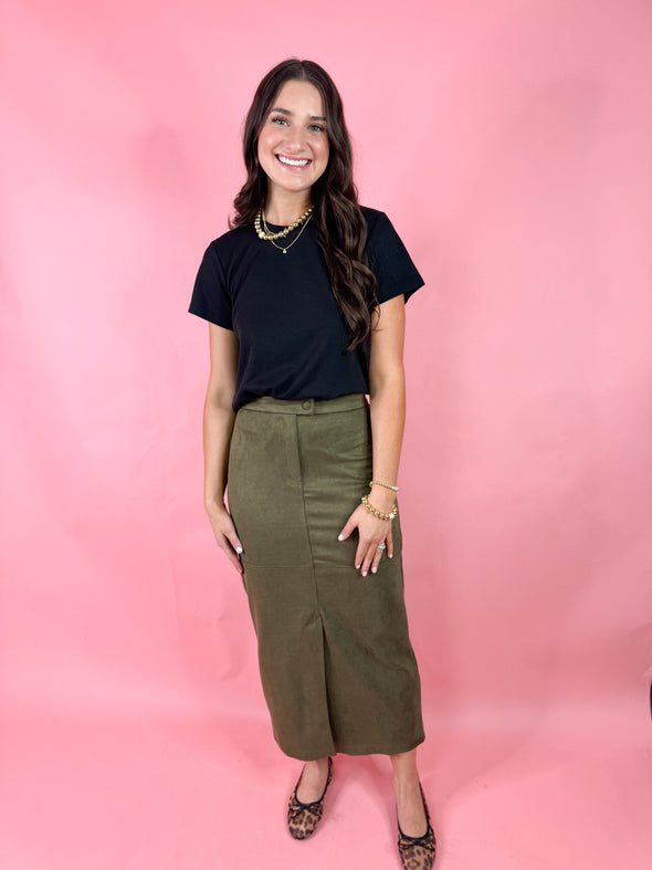 (THML) The Swee Suede Midi Skirt-Olive