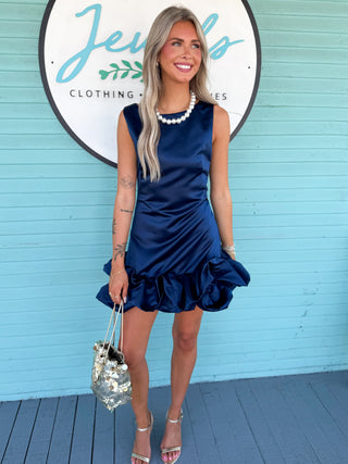 The Christin Bubble Hem Satin Dress-Navy