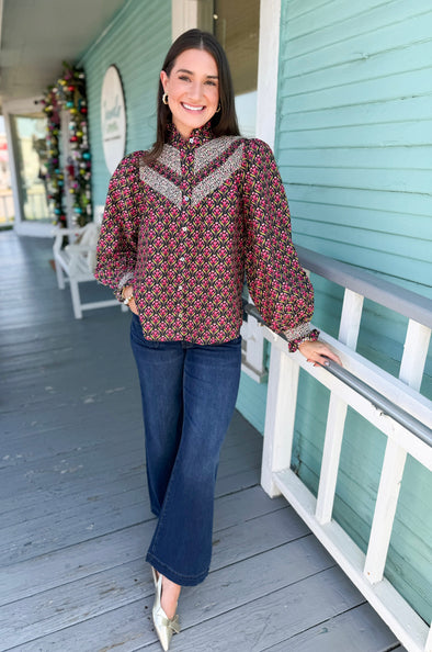 pink and black floral button down top 