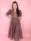 pink floral dress with contrasting v 
neckline 