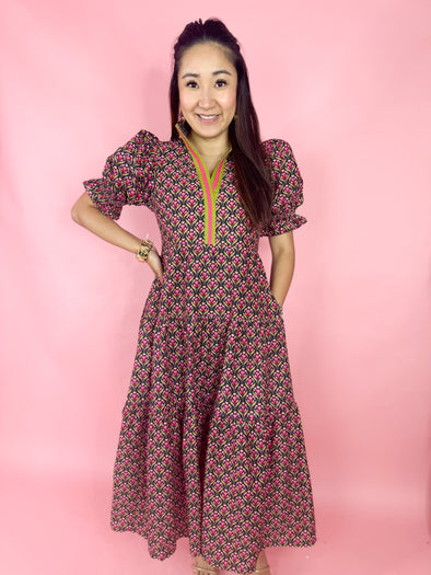 pink floral dress with contrasting v 
neckline 