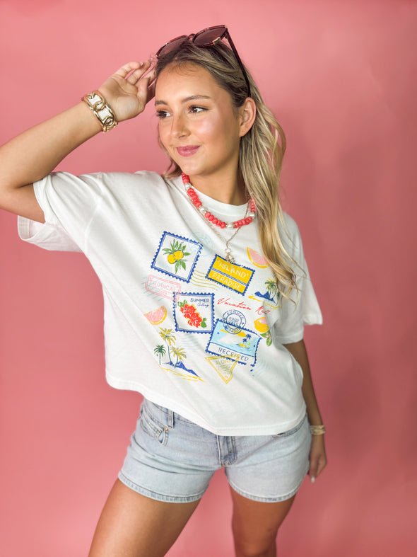 The Island Paradise Stamps Tee-White