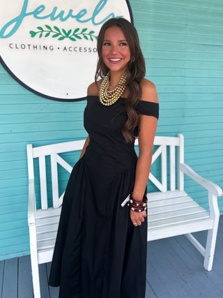 (THML) The Shelby Off Shoulder Midi Dress-Black