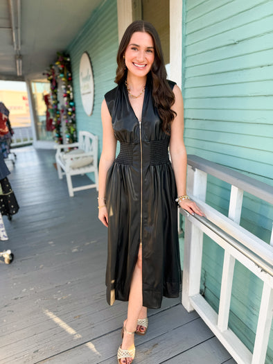 The Ray Smocked Faux Leather Dress-Black