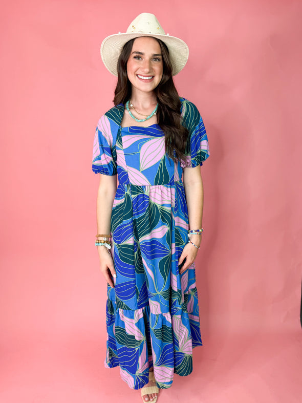 The Alexi Palm Midi Dress-Blue