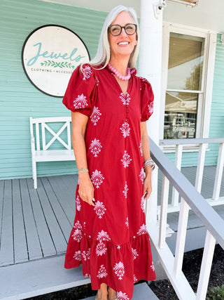 The Franceen Floral Midi Dress-Burgundy