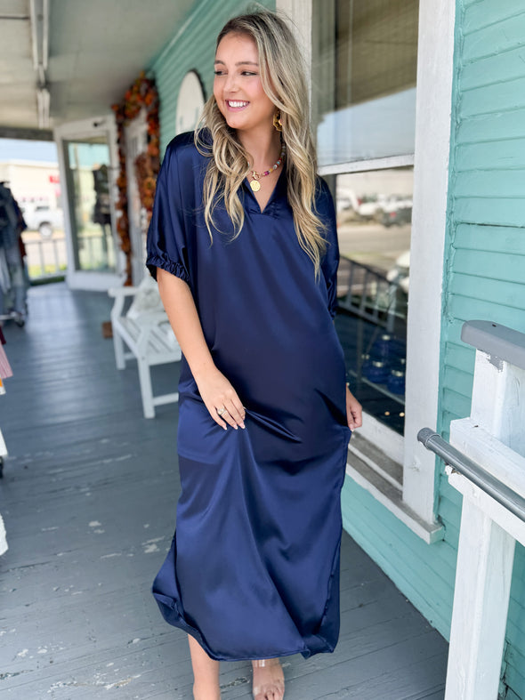 The Blakely Satin Midi Dress-Navy