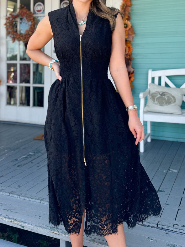 The Erin Front Zip Lace Dress- Black