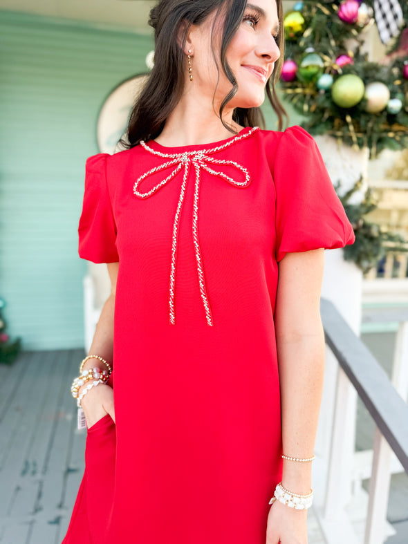 The Ann Crystal Bow Mini Dress-Red