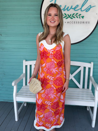 orange and pink tropical printed dress