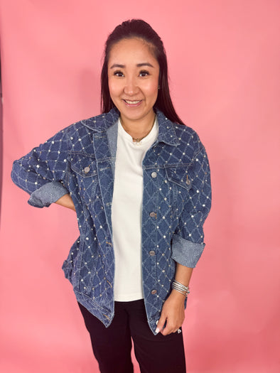 denim jacket with pearl detail 
