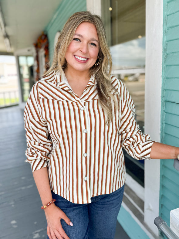 (THML) The Lindsey Stripe Top-Brown