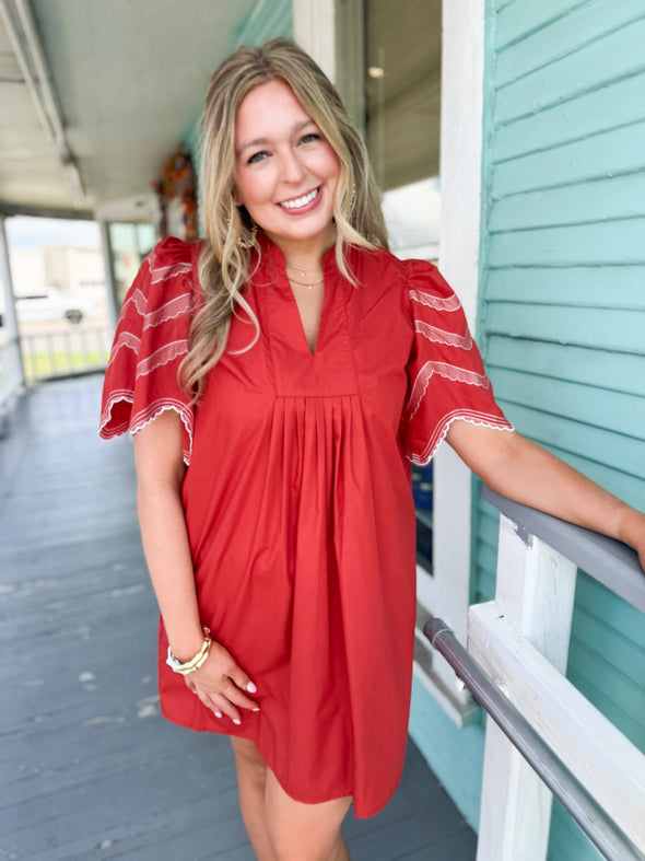 The Ella Embroidered Mini Dress-Rust