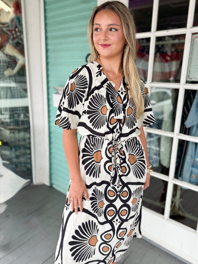 black and white pattern dress