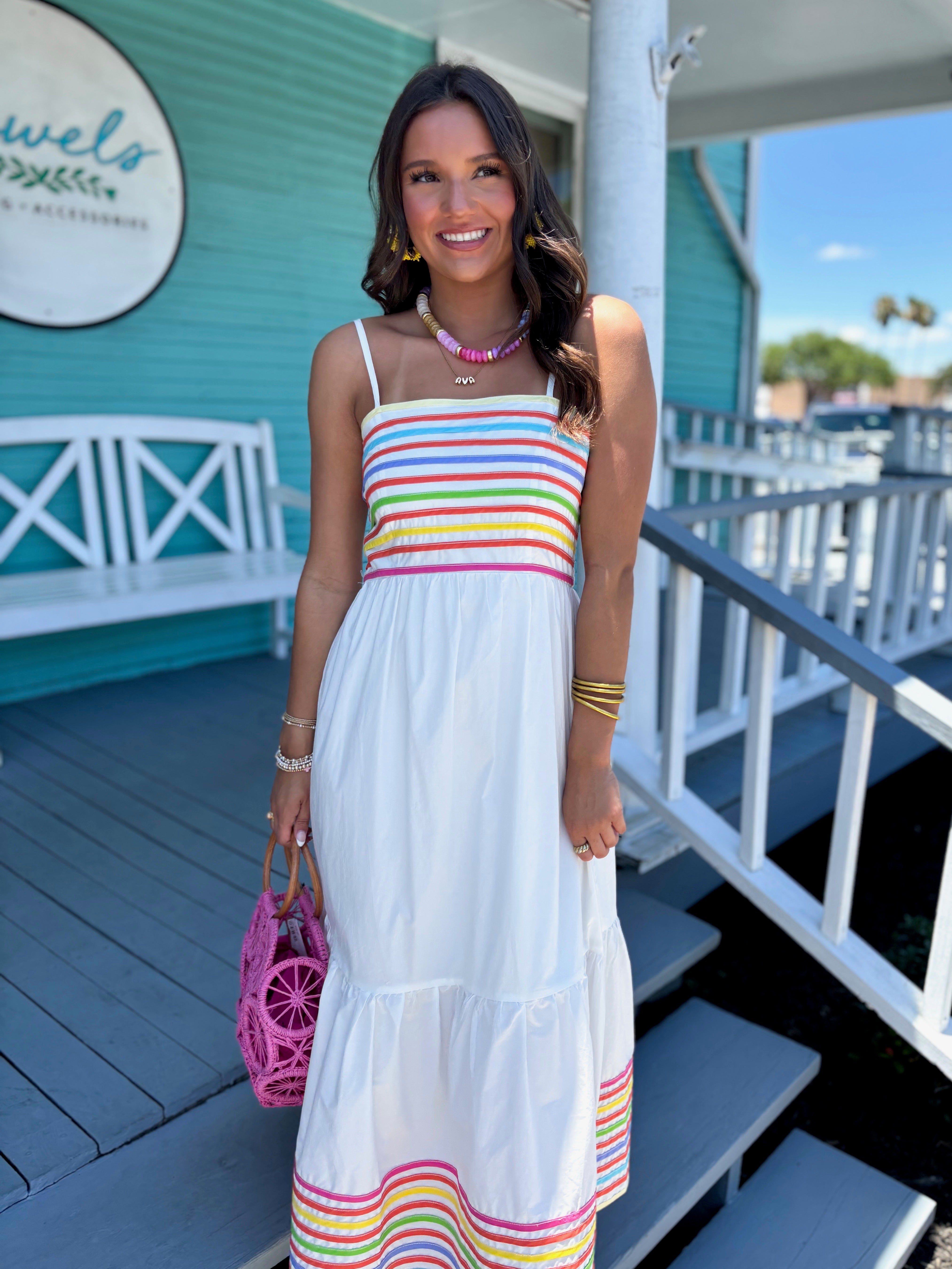 rainbow striped midi dress Rainbow Striped Cotton Midi Dress Vintage-inspired Bestselling Classic Elegance