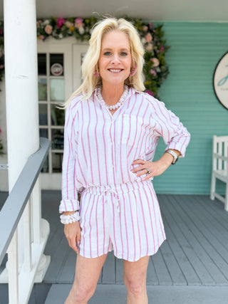(Z Supply) The Perfect Linen Stripe Short-Pink