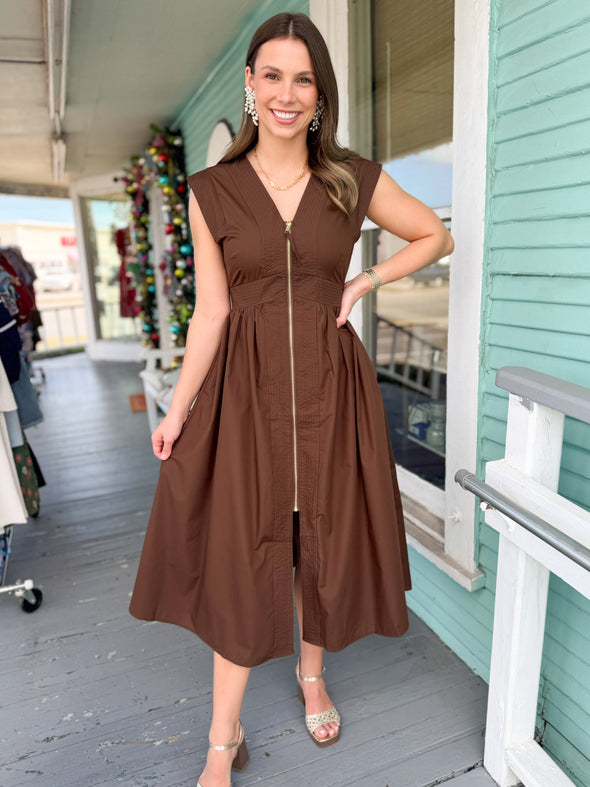 brown zip front dress