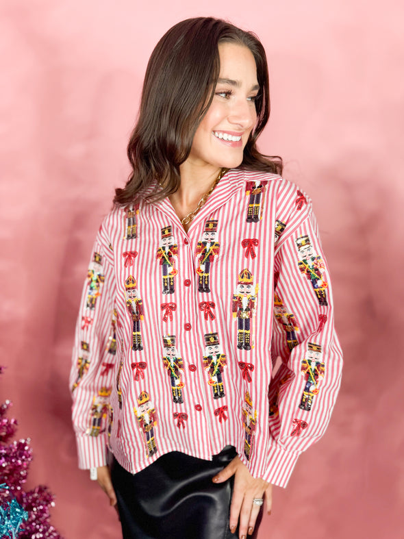 (Queen of Sparkles) Scattered Nutcracker & Bow Top-Red