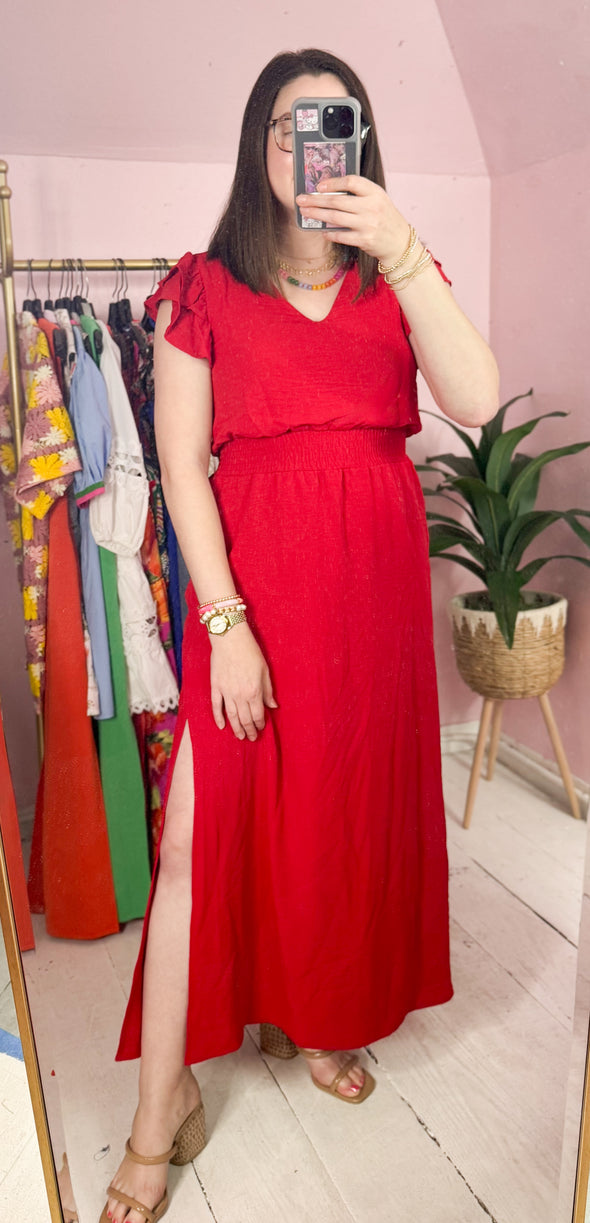 The Henry Midi Ruffle Dress-Red
