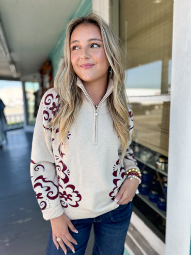 The Ella Flower Accent Sweater-Oatmeal