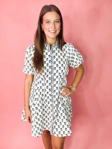 The Rory Floral Button Dress-Blue