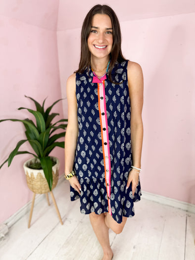 (THML) The Shavel Printed Button Down Dress-Navy
