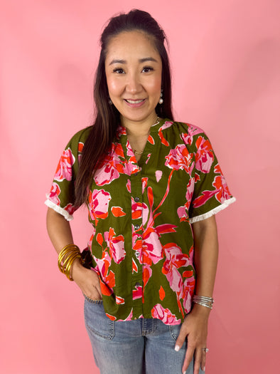 green button down top with pink floral 