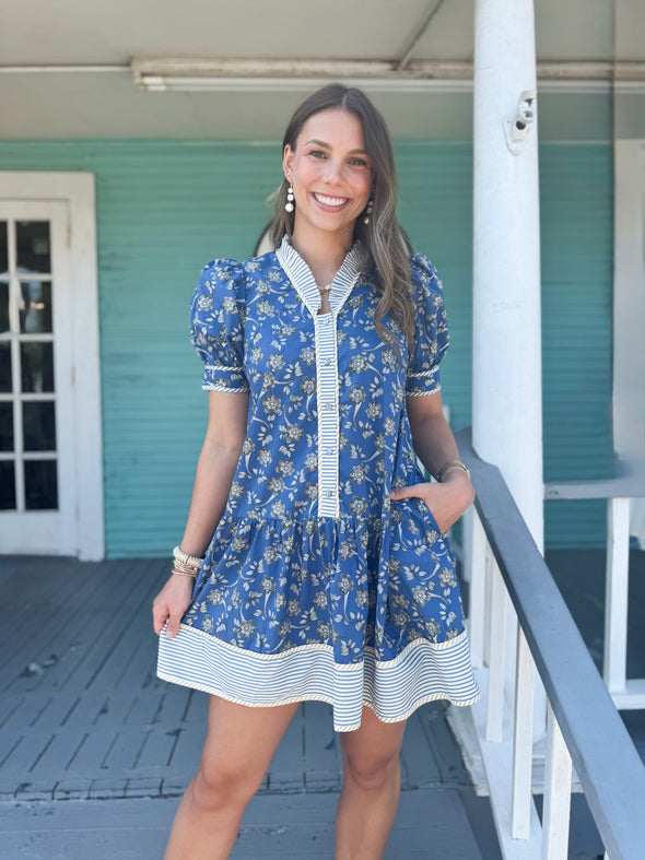 The Sandra Floral Mini Dress-Blue