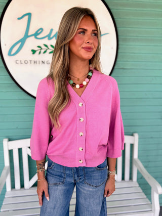 The Heidi Button Cardigan-Pink