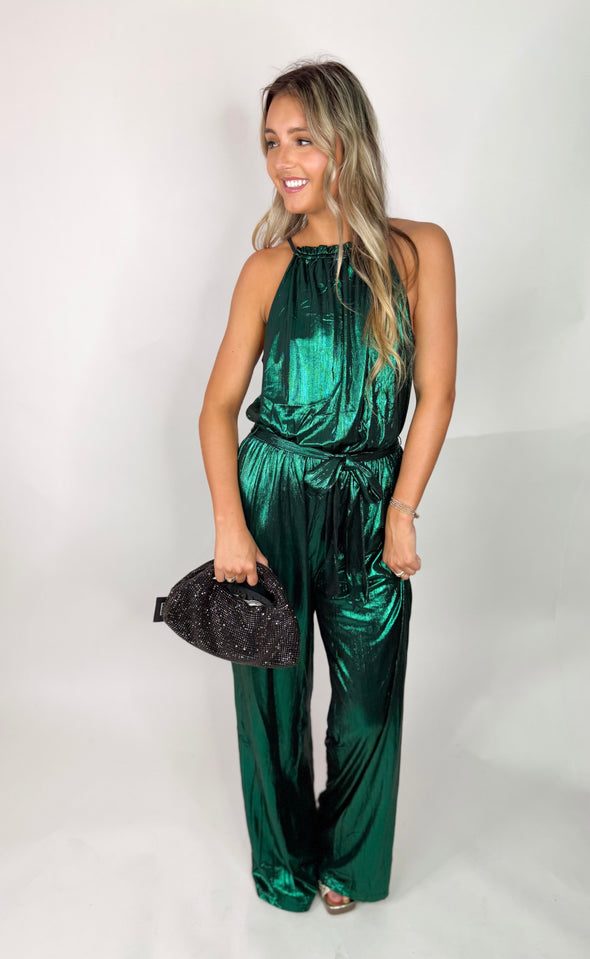 The Amberly Metallic Jumpsuit- Emerald