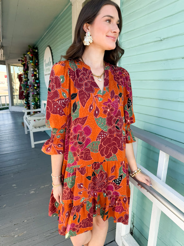 The Ash Floral Shift Mini Dress-Rust