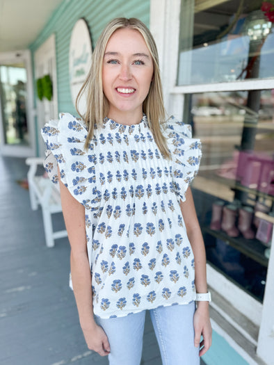 blue and white floral print top 