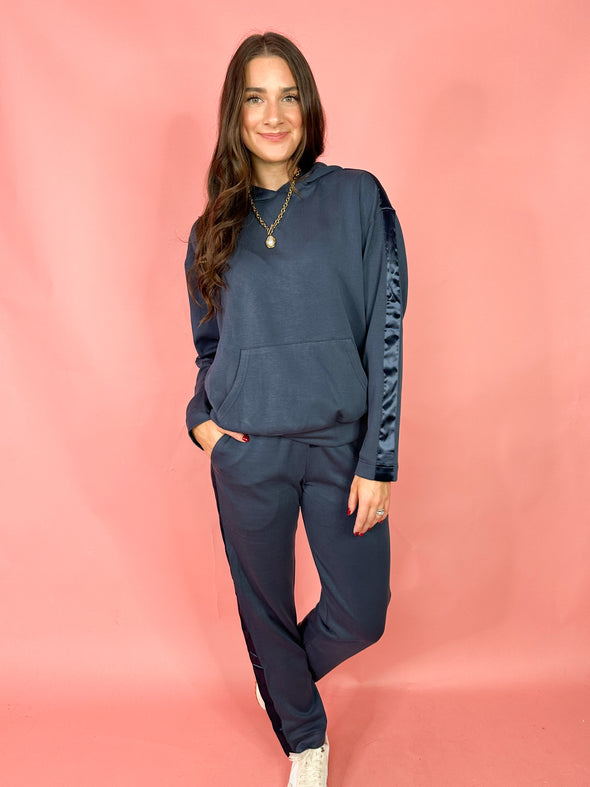 navy with satin contrasting detail lounge set 