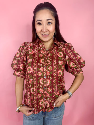 burgundy short sleeve top with floral pattern 