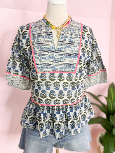 (THML) The Beckham Floral Top-Blue