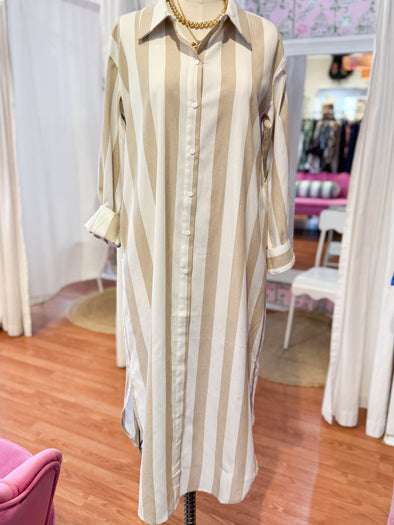 The Blakely Striped Midi Dress-Tan/White