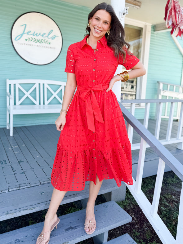 eyelet dress red Montauk Dress in Red Embroidered Eyelet Threads