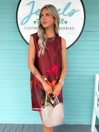 The Skylar Floral Satin Dress-Brown