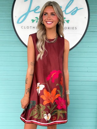 The Skylar Floral Satin Dress-Brown