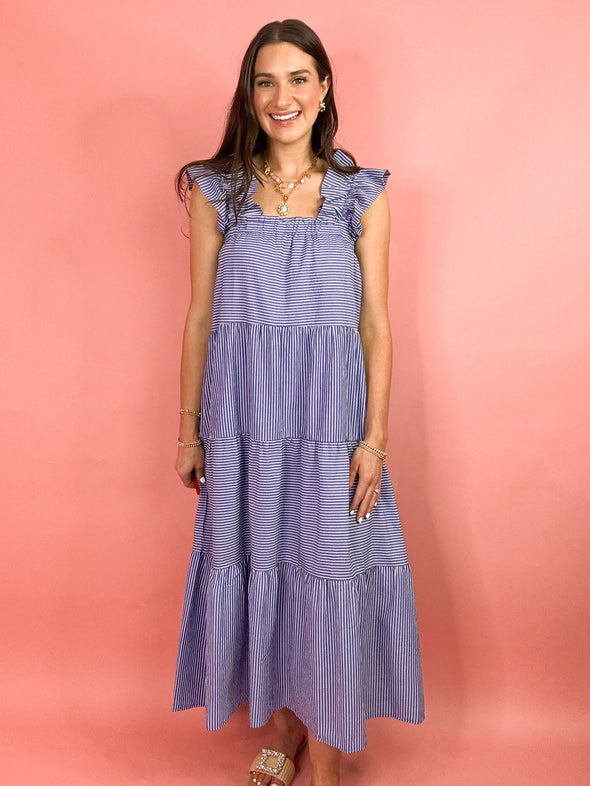 (THML) The Gabri Stripe Midi Dress-Blue