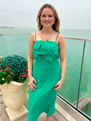 green dress with floral applique 