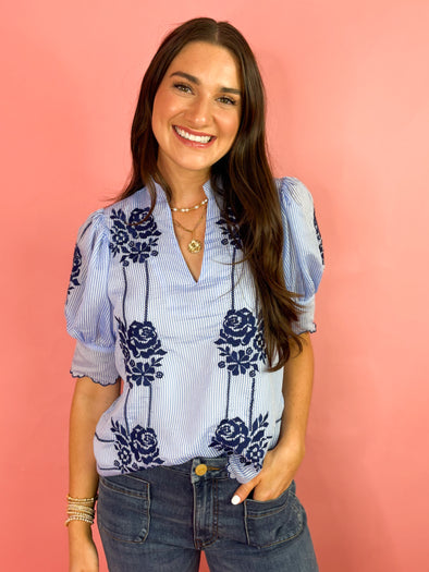 (THML) The Terrance Floral Top-Blue