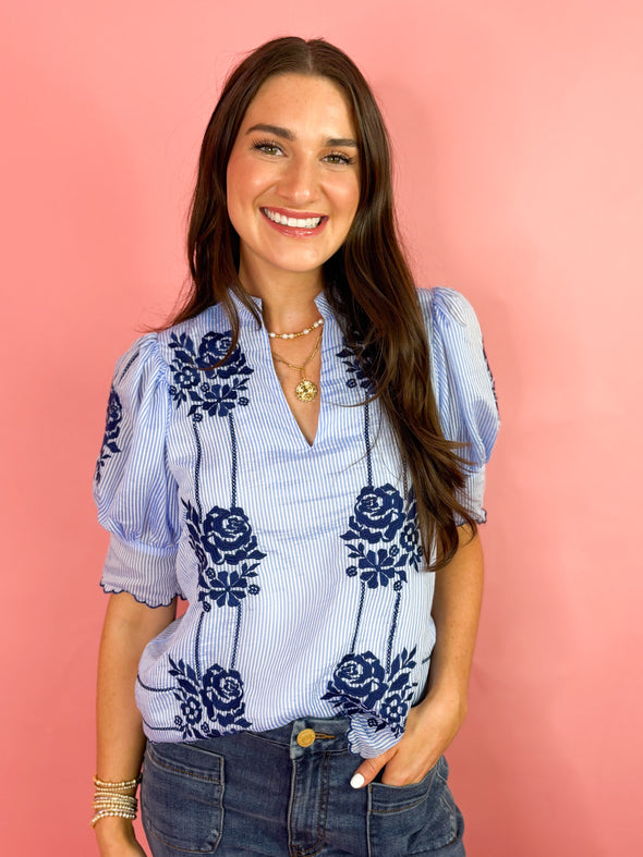 (THML) The Terrance Floral Top-Blue