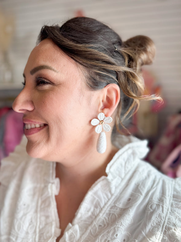 White Raffia Flower Earring
