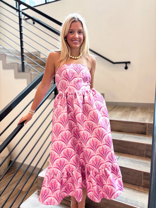 pink pattern strapless midi dress