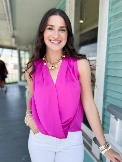 The Violet Satin Crossover Top-Hot Pink