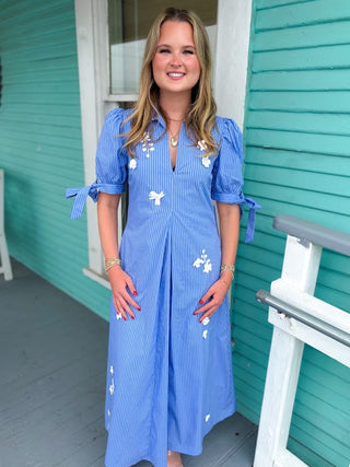 The Helen Stripe Flower Midi Dress-Blue